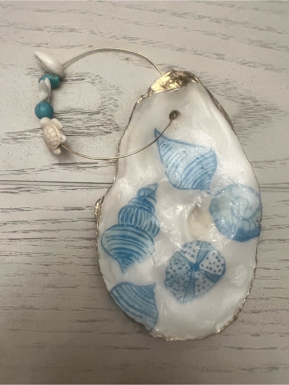 Hand-Painted Oyster Shell Wine Bottle Ornament -  Blue Seashell Design